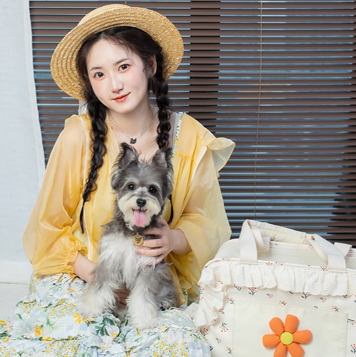 ペット キャリーバッグ 犬用お花モチーフ付き 折り畳みペットキャリー