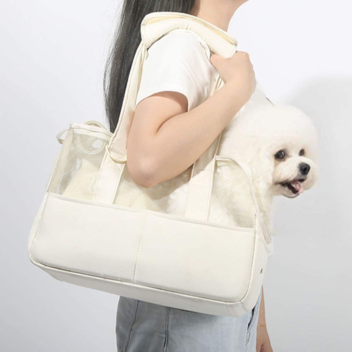 ペット キャリー 透明メッシュ 犬の快適お出かけバッグ