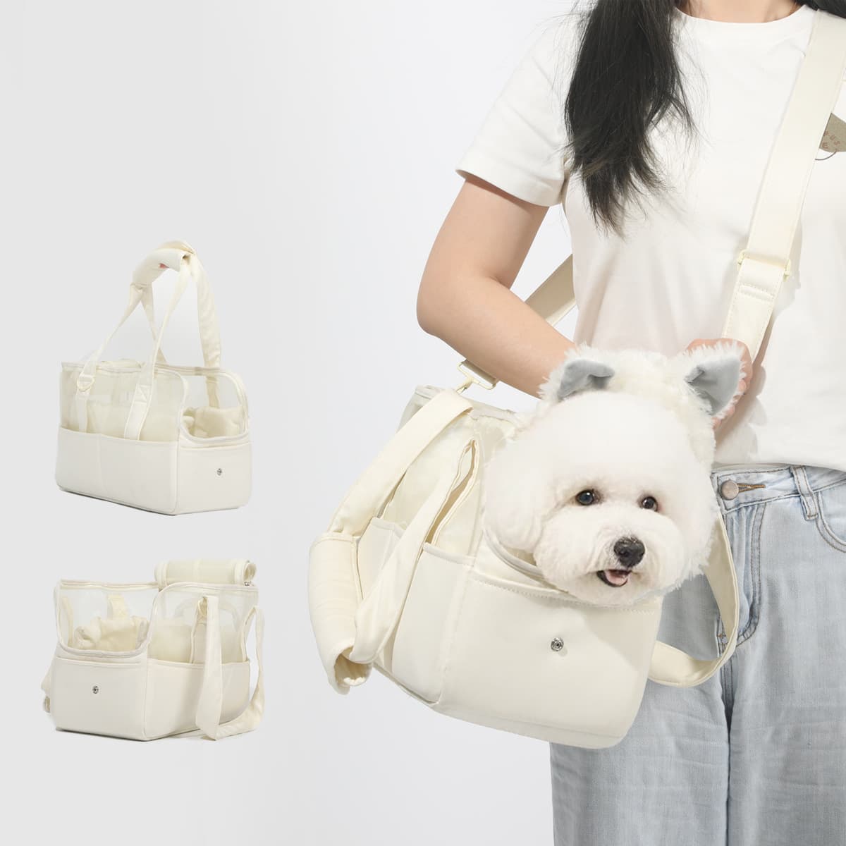 ペット キャリー 透明メッシュ 犬の快適お出かけバッグ